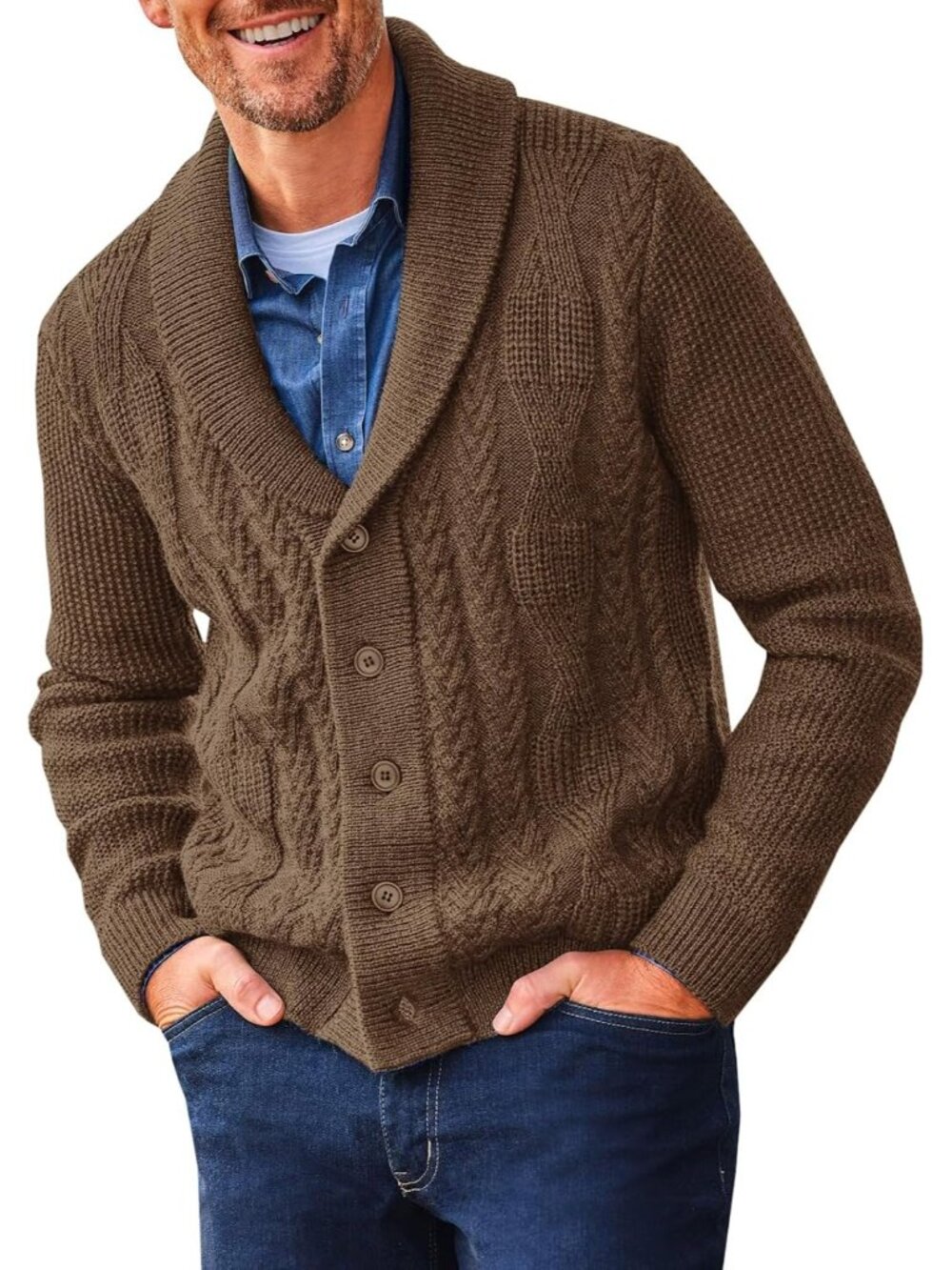 🆕Men's Coffee Shawl Collar Cardigan Sweater Cable Knit Casual Winter Outwear